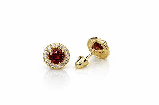 14K Yellow Gold Halo Stud Screw Back Earrings