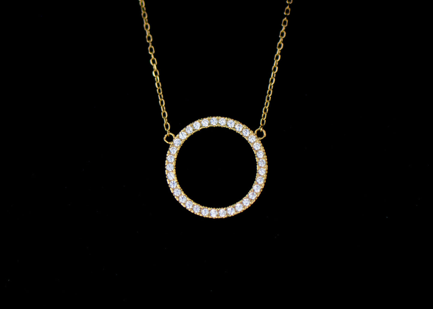 14K Yellow Gold CZ Circle Necklace Cable Chain