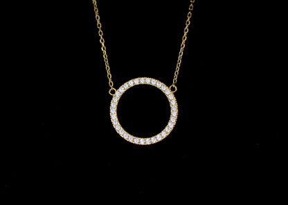 14K Yellow Gold CZ Circle Necklace Cable Chain