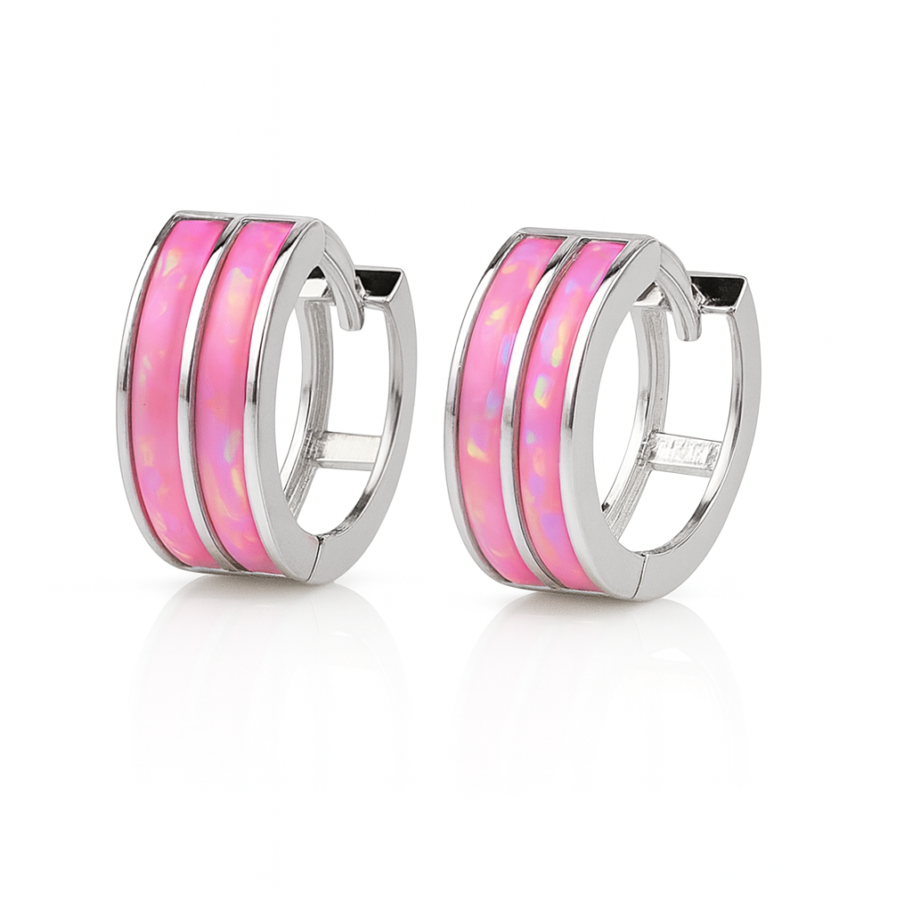 14k White Gold Double Row Hot Pink Opal Huggie Hoop Earrings