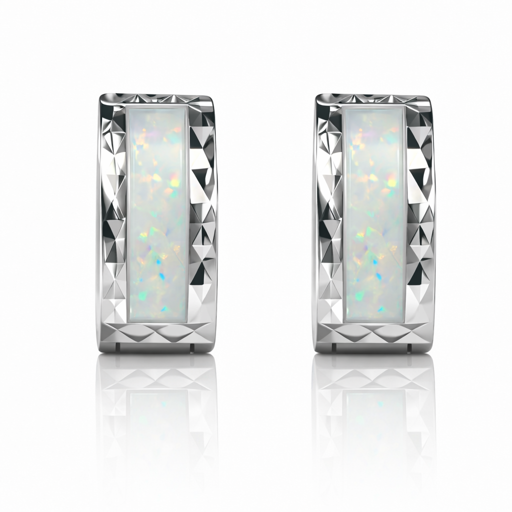 14k Yellow Gold White Opal Huggie Hoop Earrings