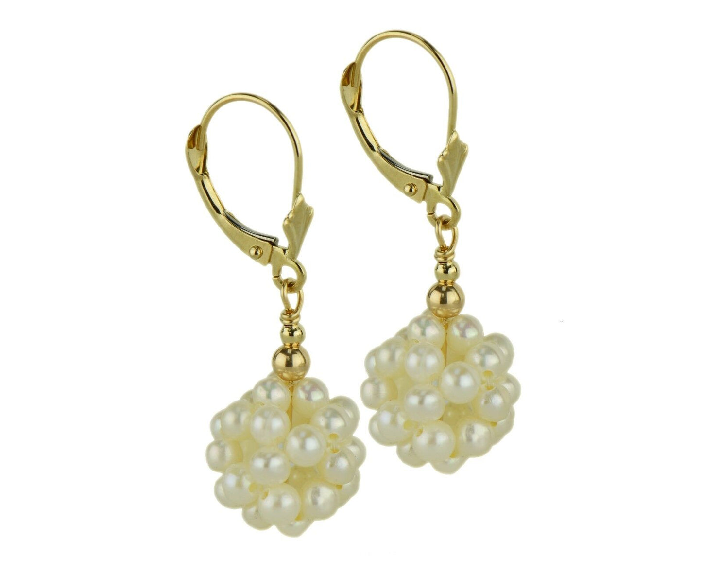 14k Yellow Gold Genuine Ball Fresh Water Pearl with Leverback Earrings