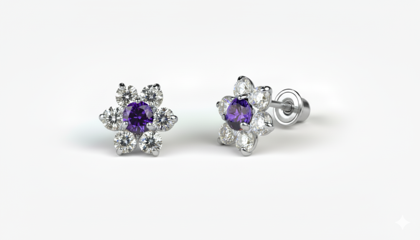14K White Gold Beautiful Flower CZ Stud Earrings for Women