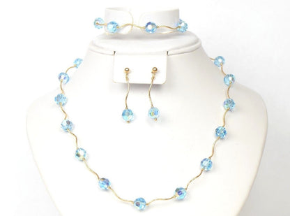 14kYellow Gold swarovski crystals Beads 3pcsWomen Set:Necklace,Bracelet,Earrings