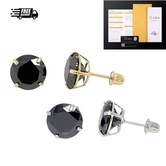 14K Gold GRA Certified D-VVS1 Round Black Moissanite Screw Back Studs Earrings
