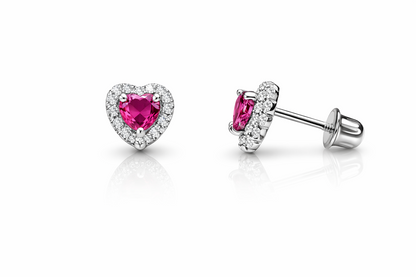 14K White Gold Halo Heart CZ Stud Earrings Screw Back