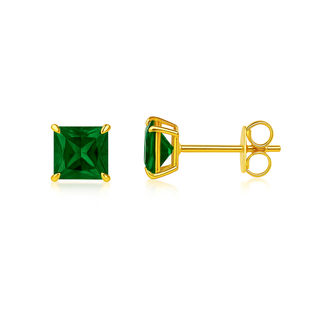 14k Yellow Gold Solid Square Princess Cut Birthstone 4MM CZ Stud Earrings