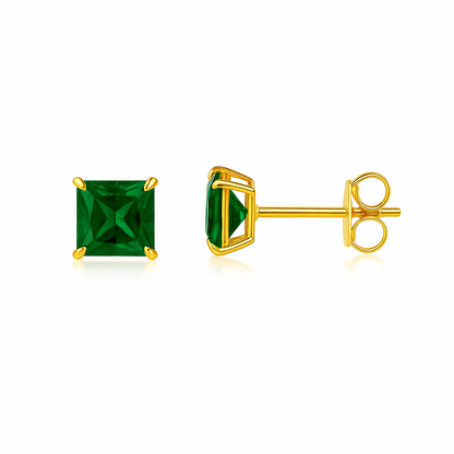 14k Yellow Gold Solid Square Princess Cut Birthstone 4MM CZ Stud Earrings