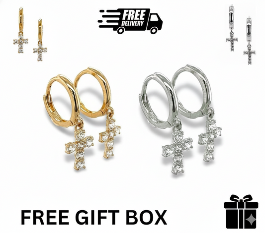 14k Yellow/White Gold Cross Dangle Hoop Huggie CZ Earrings