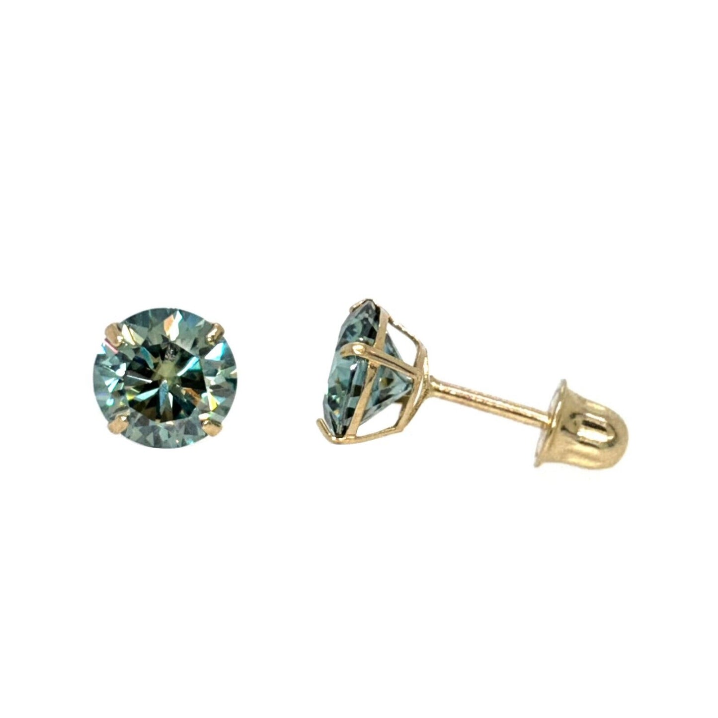 14K Gold GRA Certified D-VVS1 Round Green Moissanite Screw Back Studs Earrings