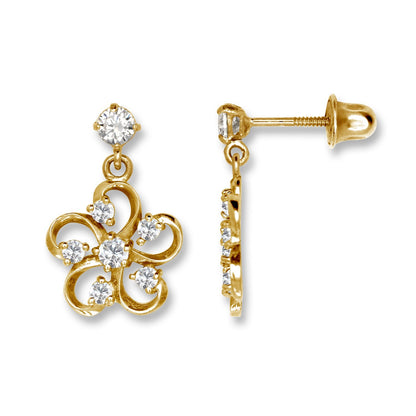 14K Yellow & White Gold Flower Screw Back Dangle Earrings for Women