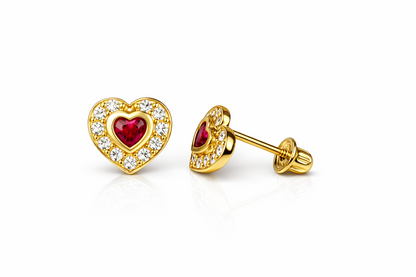 14K Yellow Gold Birthstone Heart with CZ Stud Earrings Screw Back