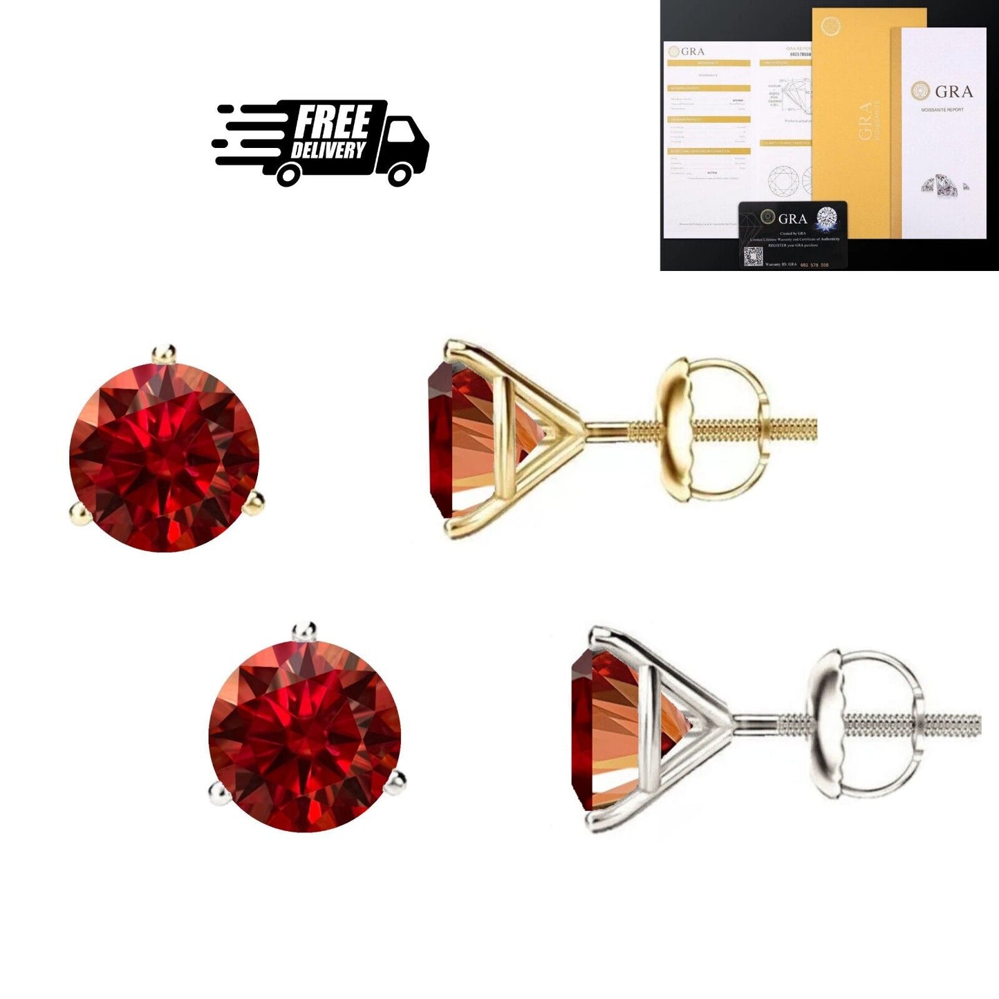 14K Gold GRA CertifiedD-VVS1 Garnet Moissanite ScrewBack Stud Earrings