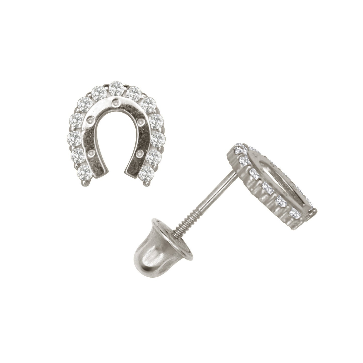 14K Yellow or White Gold Cubic Zirconia Horse Shoes Earrings with Screw Back.