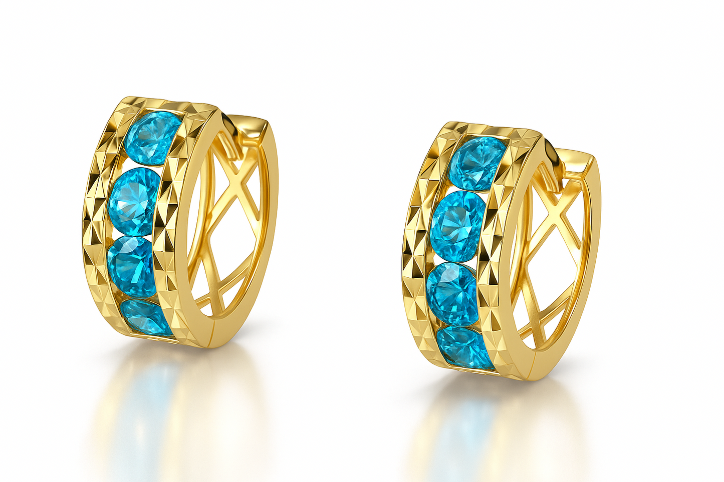14k Yellow Gold Diamond Cut with Blue Topaz Birthstone Huggie Earrings