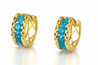14k Yellow Gold Diamond Cut with Blue Topaz Birthstone Huggie Earrings