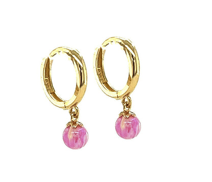 14k Yellow / White Gold Pink Opal Huggie Dangle Earrings