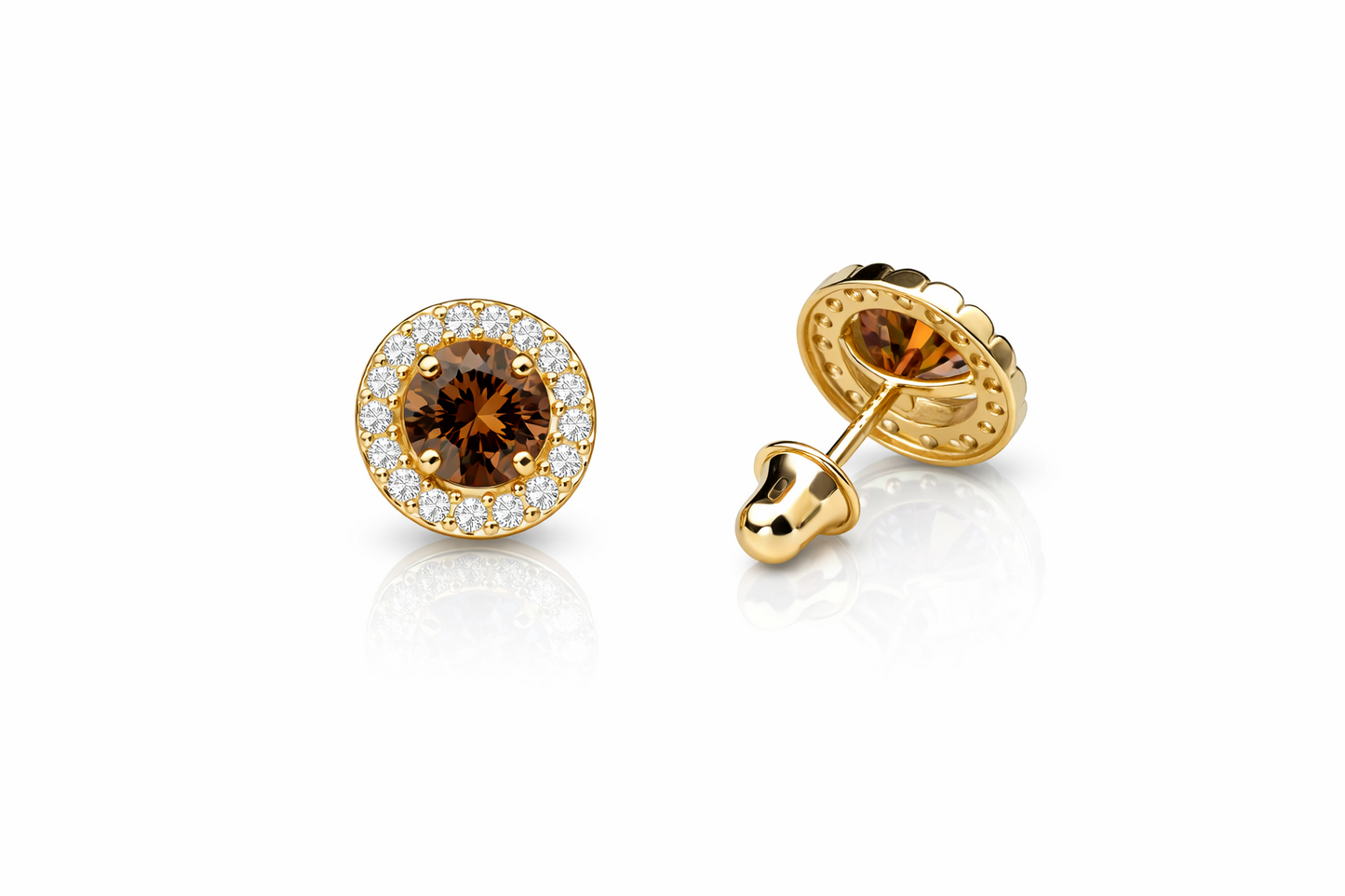 14K Solid White Gold Halo Stud CZ Screw Back Earrings
