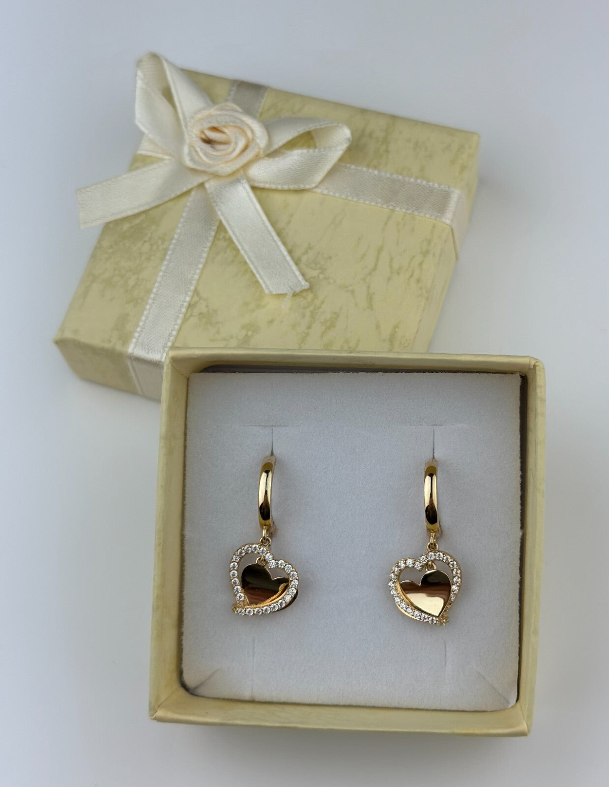 14k Yellow Gold Double Heart Dangle Hoop Huggie CZ Earrings