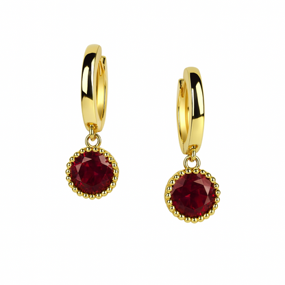 14k Yellow Gold Dangle Round Birthstone Huggie Earrings