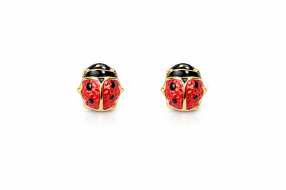 14k Yellow Gold Red and Black Enamel Lady Bug Baby earrings with Screw Back