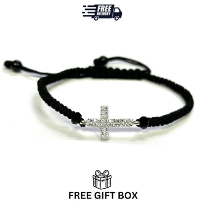 925 Sterling Silver String CZ Bracelet Cross 6" Adjustable to 11"