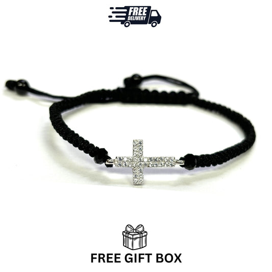 925 Sterling Silver String CZ Bracelet Cross 6" Adjustable to 11"