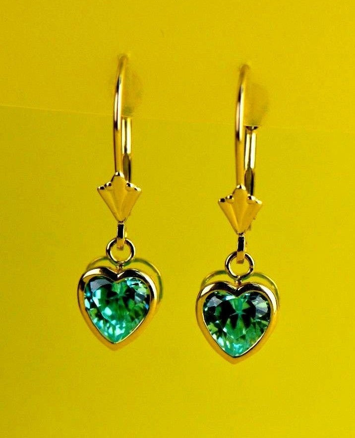 14k Yellow Gold Bezel Heart Birthstone Dangle Leverback Pierced Earrings  6x6 MM