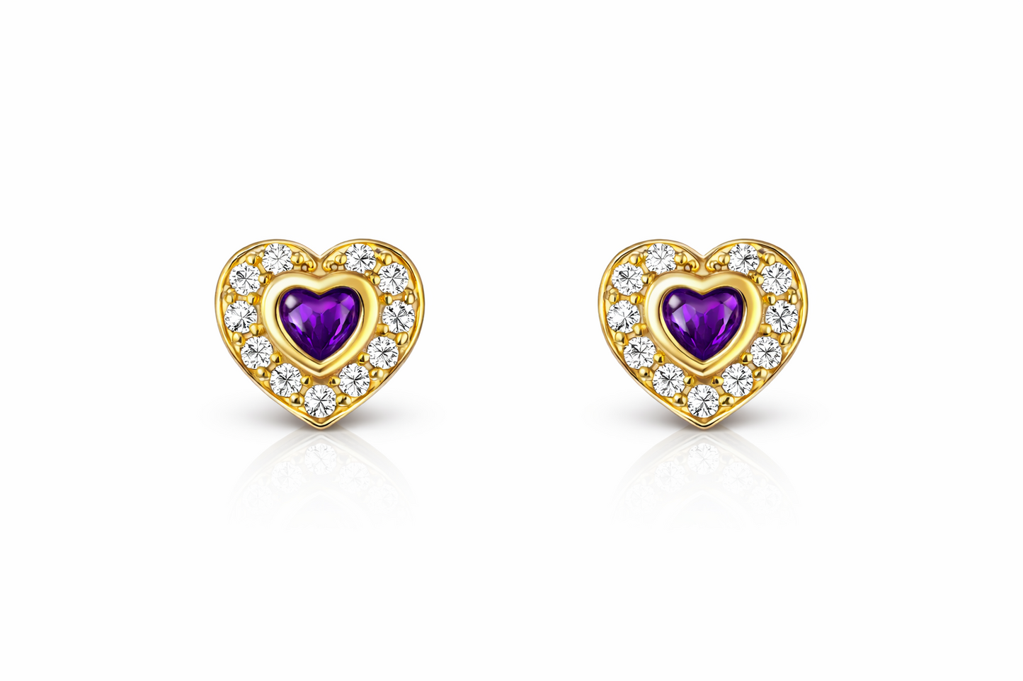 14K Yellow Gold Birthstone Heart with CZ Stud Earrings Screw Back