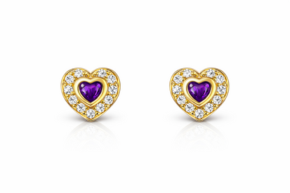 14K Yellow Gold Birthstone Heart with CZ Stud Earrings Screw Back