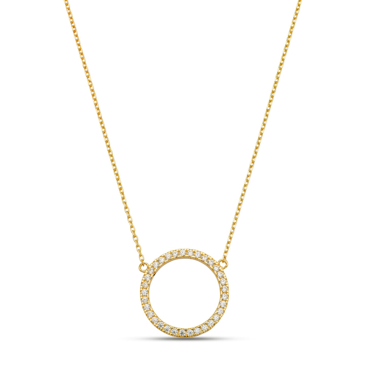14K Yellow Gold CZ Circle Necklace Cable Chain