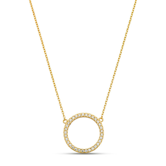 14K Yellow Gold CZ Circle Necklace Cable Chain