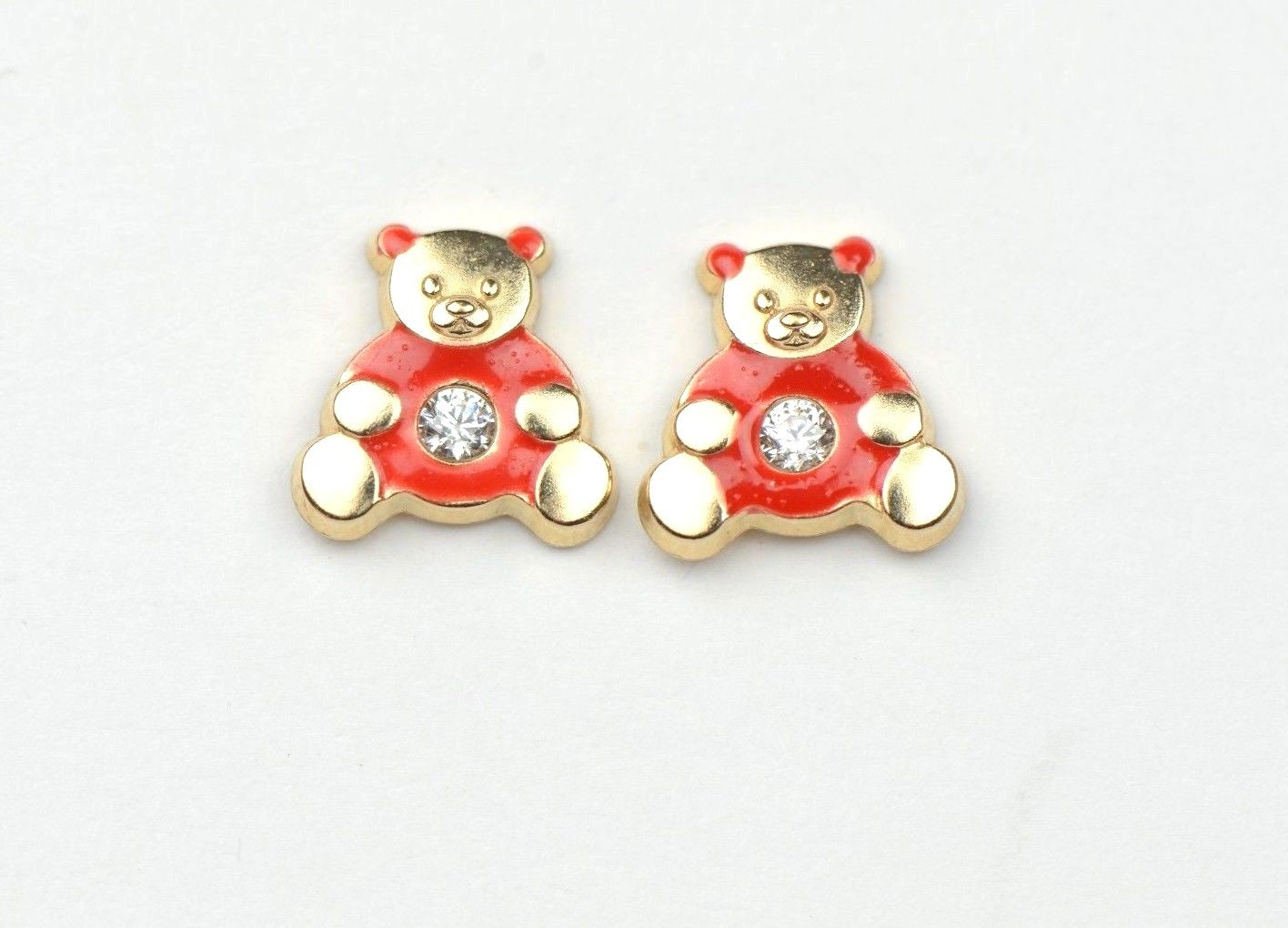 14k Yellow Gold Baby Enamel CZ Teddy Bear earrings, Screw Back