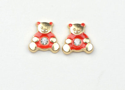 14k Yellow Gold Baby Enamel CZ Teddy Bear earrings, Screw Back
