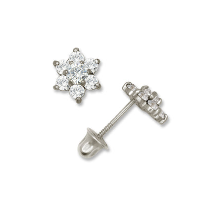 14k White Gold CZ Flower Birthstone Stud Screw Back Earrings