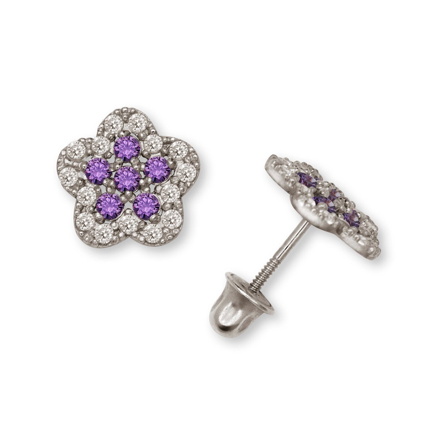 14K Yellow & White Gold Beautiful CZ Flower Earrings for Girls