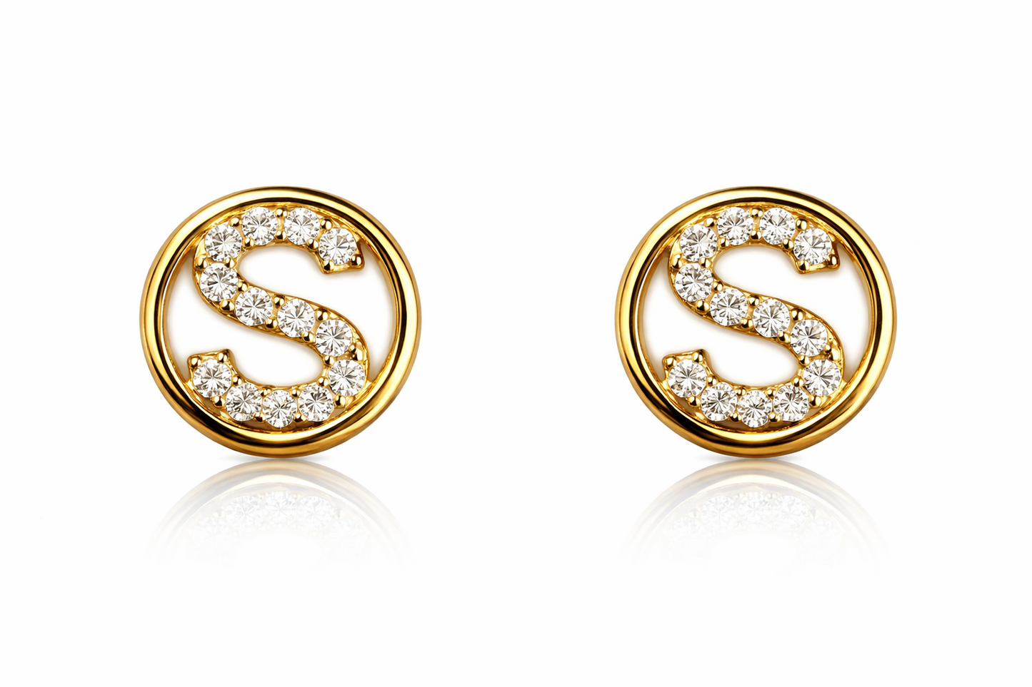 14k Yellow or White Gold Round Initial Letters CZ Stud Earrings