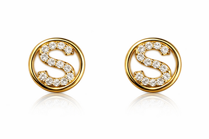 14k Yellow or White Gold Round Initial Letters CZ Stud Earrings
