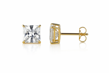 14k  White Gold Heavy Basket Square AAA Quality CZ Stud Earrings with Push Back