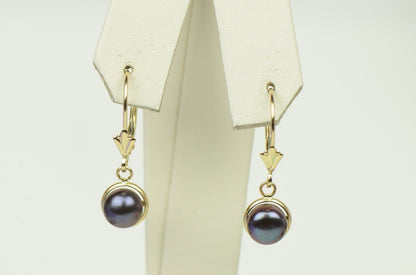 14k Yellow Gold Black Natural Pearl Dangle Earrings