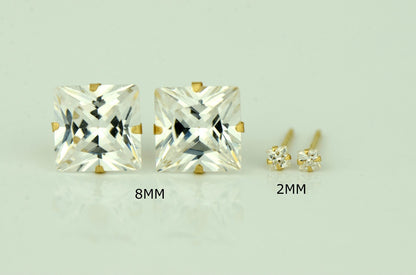 14K Yellow Gold Square Martini Prong Stud Earrings with Princess Cut CZ 2-8mm