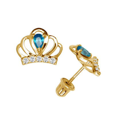 14k Yellow & White Gold CZ Crown Baby Screw Back Stud Earring for Girls