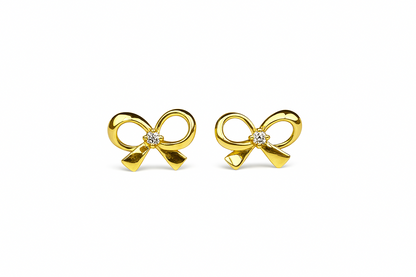 14k Yellow & White Gold CZ Cute Bow Tie Screw Back Stud Earring for Girls & Kids
