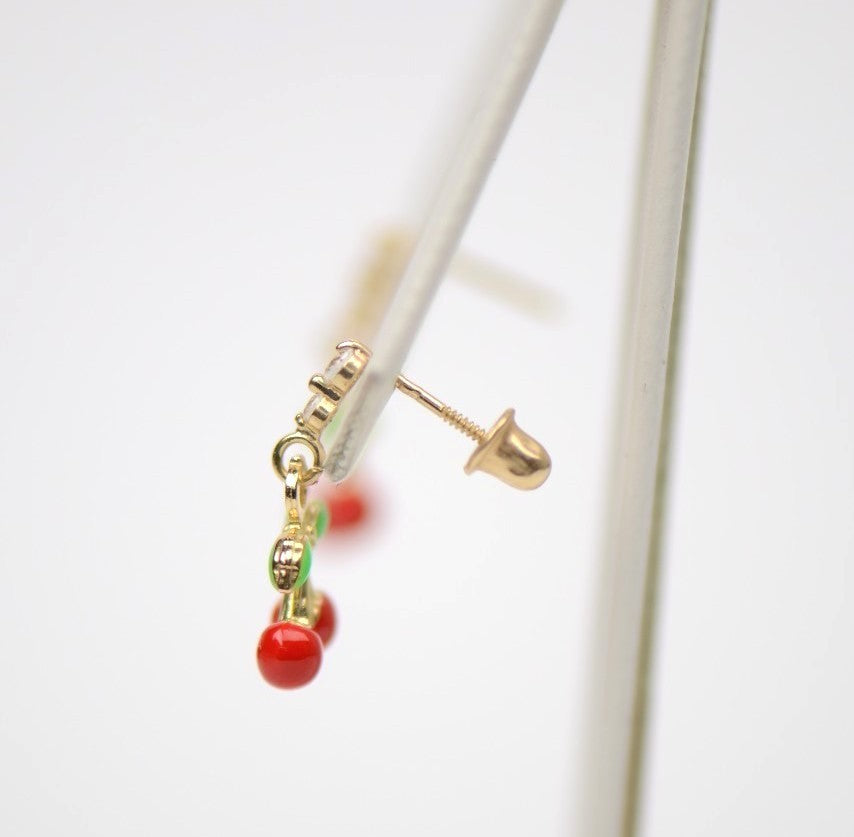 14K Solid Yellow Gold Cherry Enamel CZ Dangle Earrings