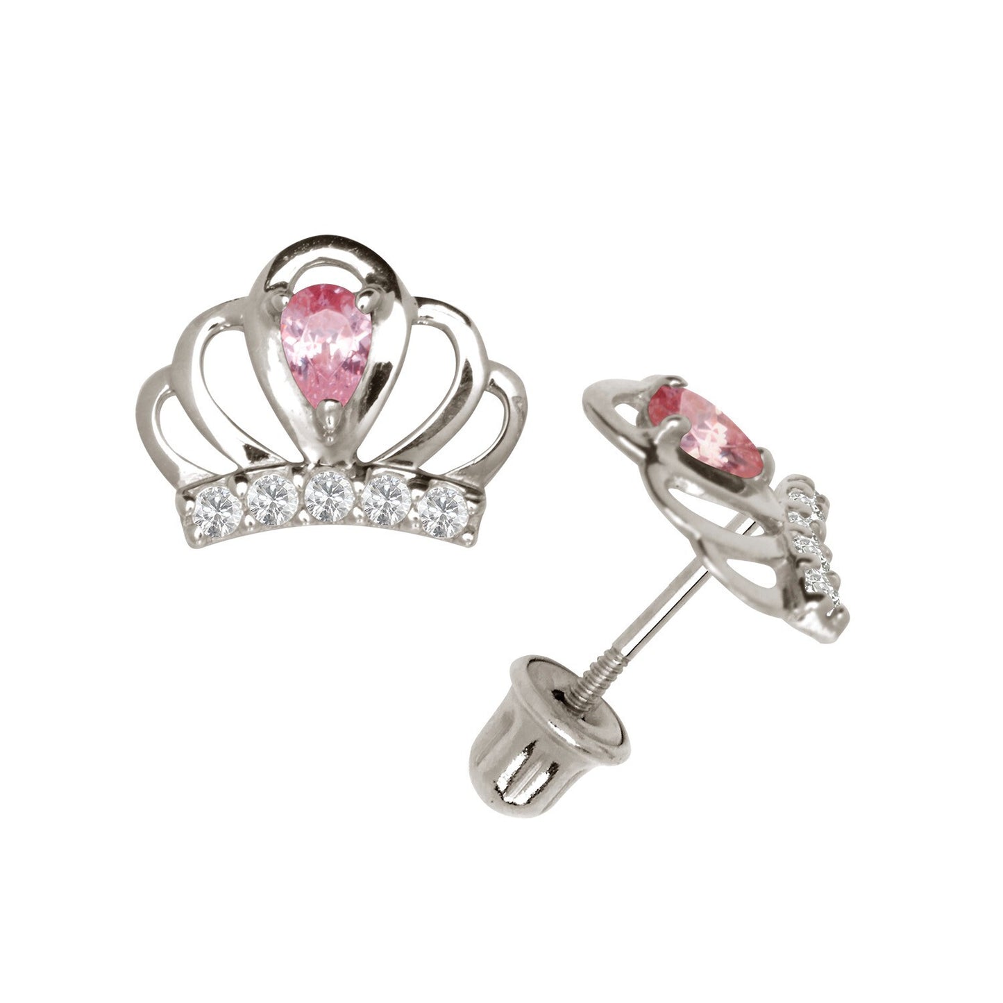 14k Yellow & White Gold CZ Crown Baby Screw Back Stud Earring for Girls