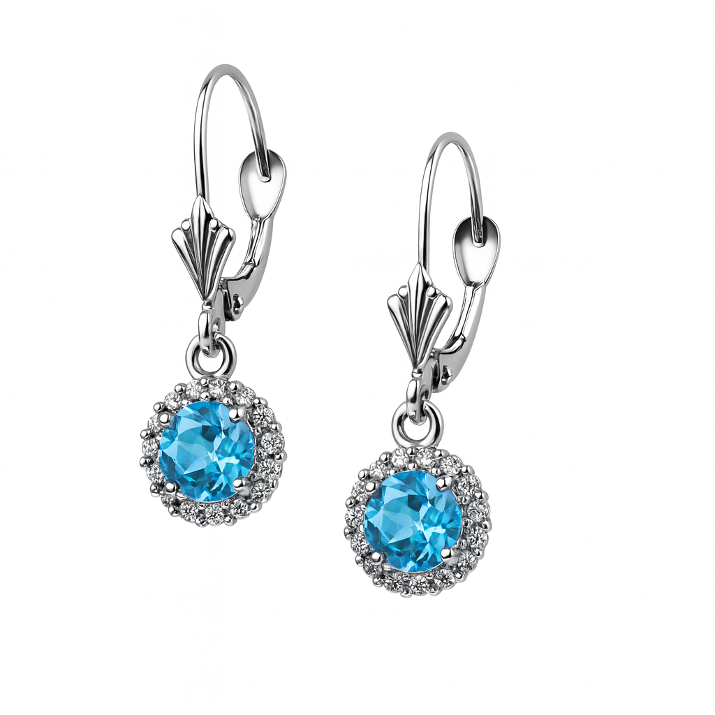 14k White Gold Halo Dangle Round Leverback Pierced Earrings Birthstone
