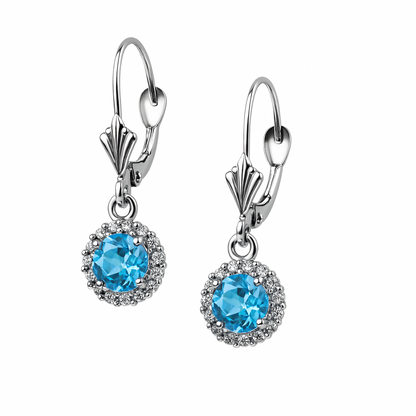 14k White Gold Halo Dangle Round Leverback Pierced Earrings Birthstone