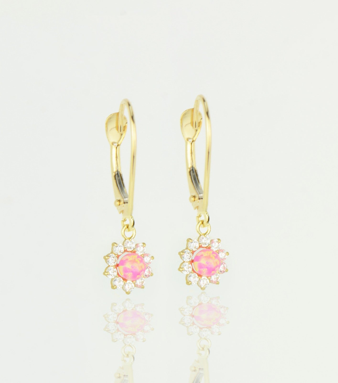 14k-Yellow-Gold-Opal Flower-CZ-Dangle-Earrings