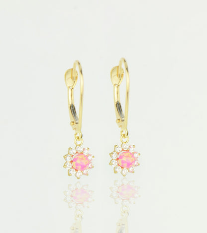 14k-Yellow-Gold-Opal Flower-CZ-Dangle-Earrings