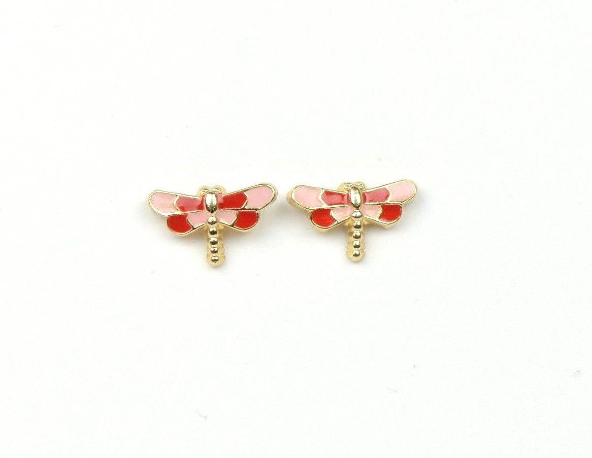 14k Yellow Gold Baby Enamel dragonfly earrings with Screw Back